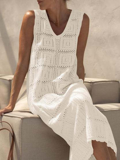 Fisoew Womens Crochet Sleeveless Dress V Neck Boho Cover Up Midi Tank Dress