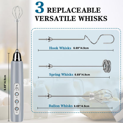 Milk Frother Handheld for Coffee, Electric Whisk 3 Speed Adjustable, Drink Mixer with Stainless 3 Whisks, Rechargeable Hand Frother Wand, Foam Maker for Latte Cappuccino Matcha Egg Silver