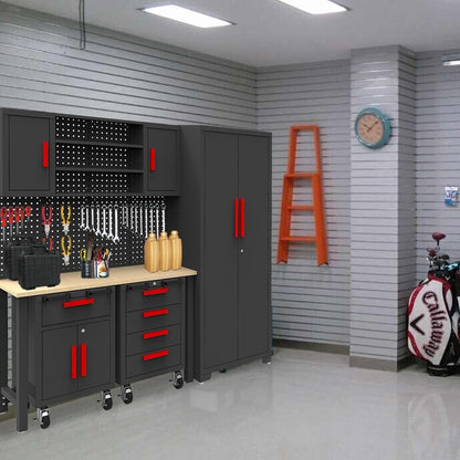 Torin Garage Storage Cabinets System, 6-Pcs Workshop Cabinet Set in Black, Included Steel Cabinets Drawers Rolling Chest and Pegboard,Locked Garage Storage Cabinet