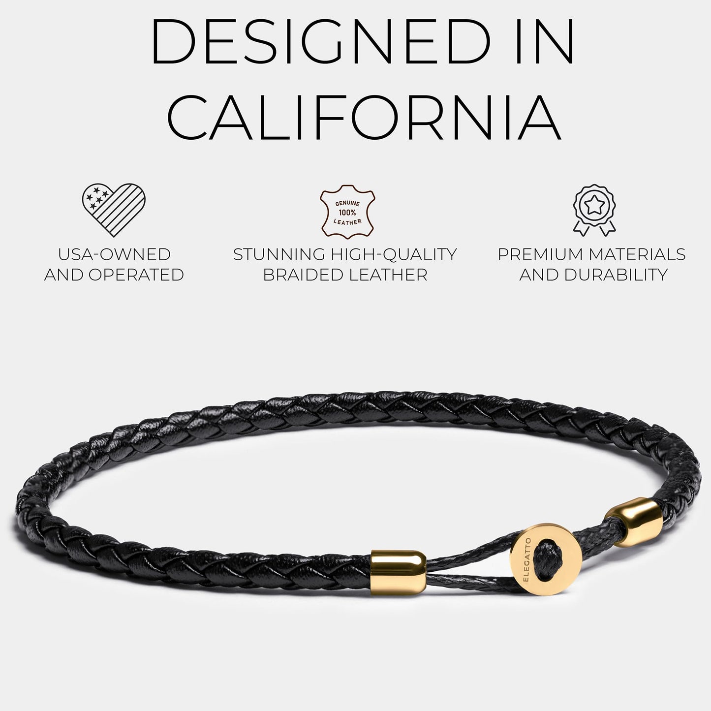 Elegatto Uno Premium Braided Leather Bracelet for Men | Full-Grain Leather with 18k Gold-Plated Stainless Steel Closure | Men’s Designer Bracelets | Gold Large