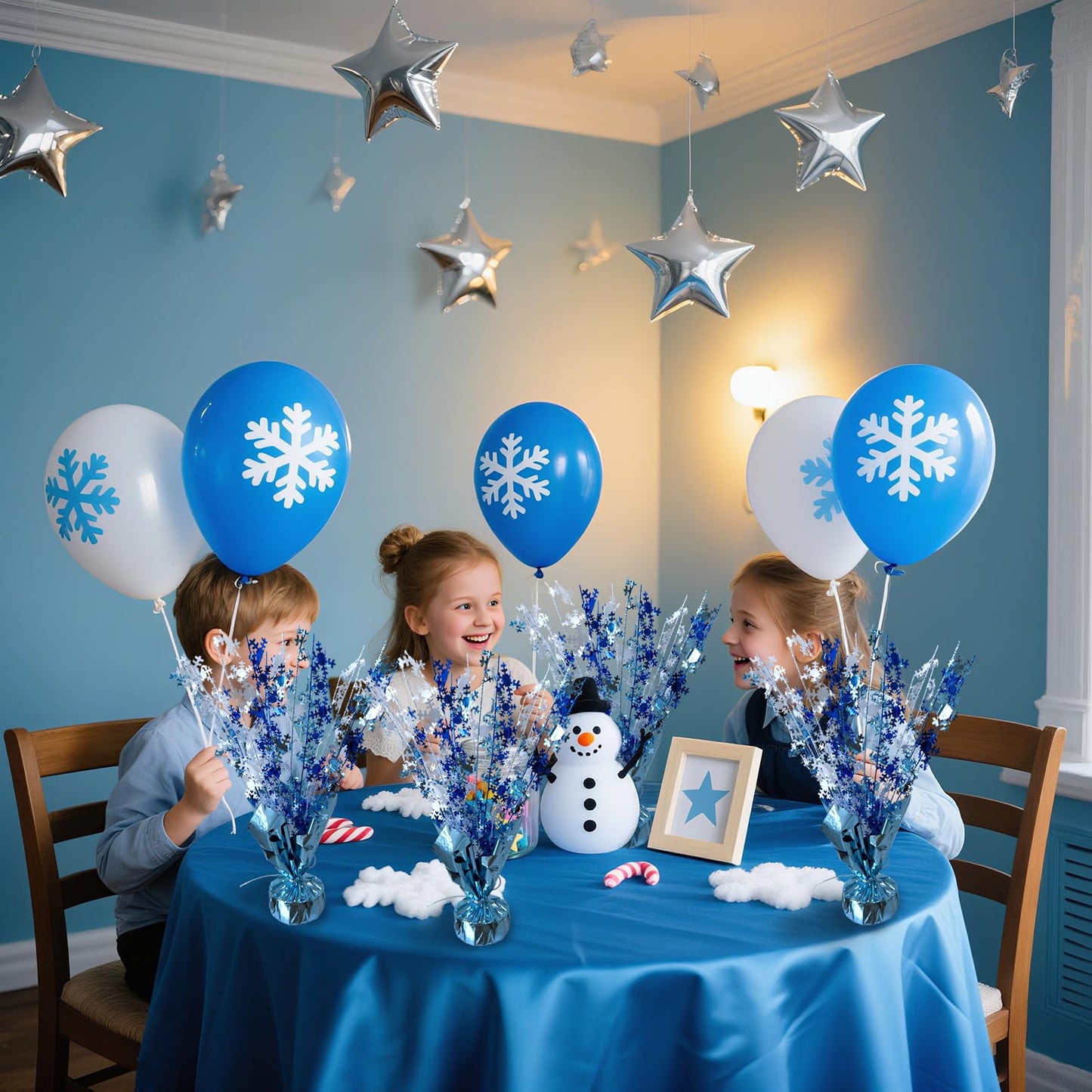 FUBININA 6 Pack Winter Wonderland Snowflake Table Decoration Metallic Blue White Glitter Foil Spray Tabletop Centerpieces for Winter Christmas Xmas Frozen Birthday Wedding Baby Party Supplies Decor