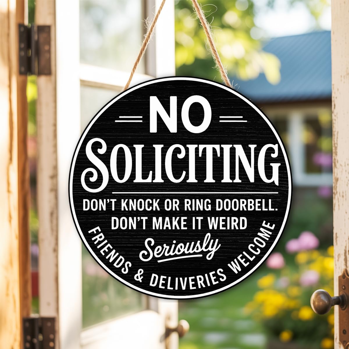 No Soliciting Wood Hanging Sign for House Front Door, Don't Knock or Ring Doorbell House Welcome Sign