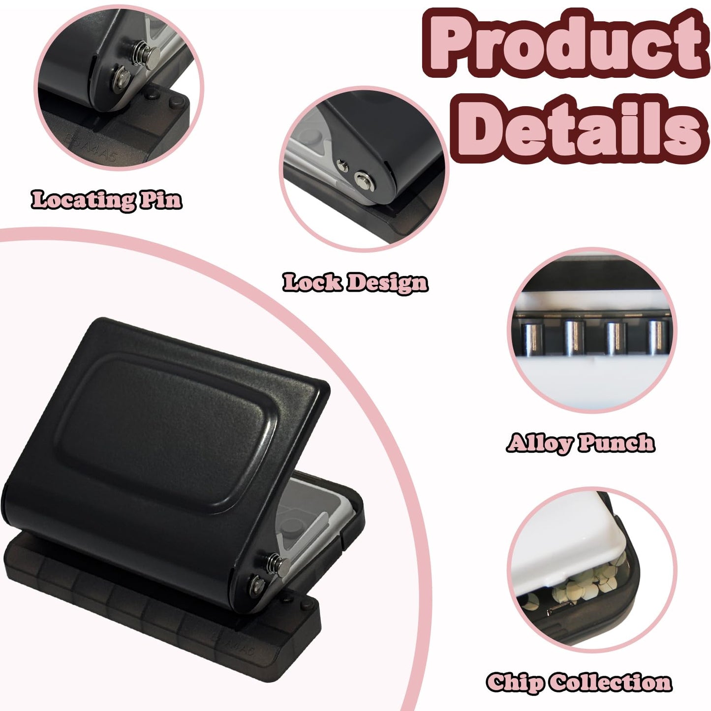 10 Hole Punch Binding Machine for Planners, Manual Paper Puncher for DIY Loose Leaf Notebooks, Includes 18 Colorful Binder Rings, Perfect for A4/A5/B5 DIY Scrapbooking, Black