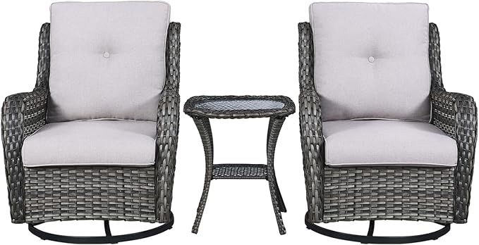 Rilyson Wicker Rocking Chair Swivel Chairs - 3 Piece Rocker Patio Furniture Set Rattan Rocking Bistro Sets with Glass Top Side Table for Outdoor Porch Deck Garden Backyard (Mixed Grey/Beige)