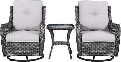 Rilyson Wicker Rocking Chair Swivel Chairs - 3 Piece Rocker Patio Furniture Set Rattan Rocking Bistro Sets with Glass Top Side Table for Outdoor Porch Deck Garden Backyard (Mixed Grey/Beige)