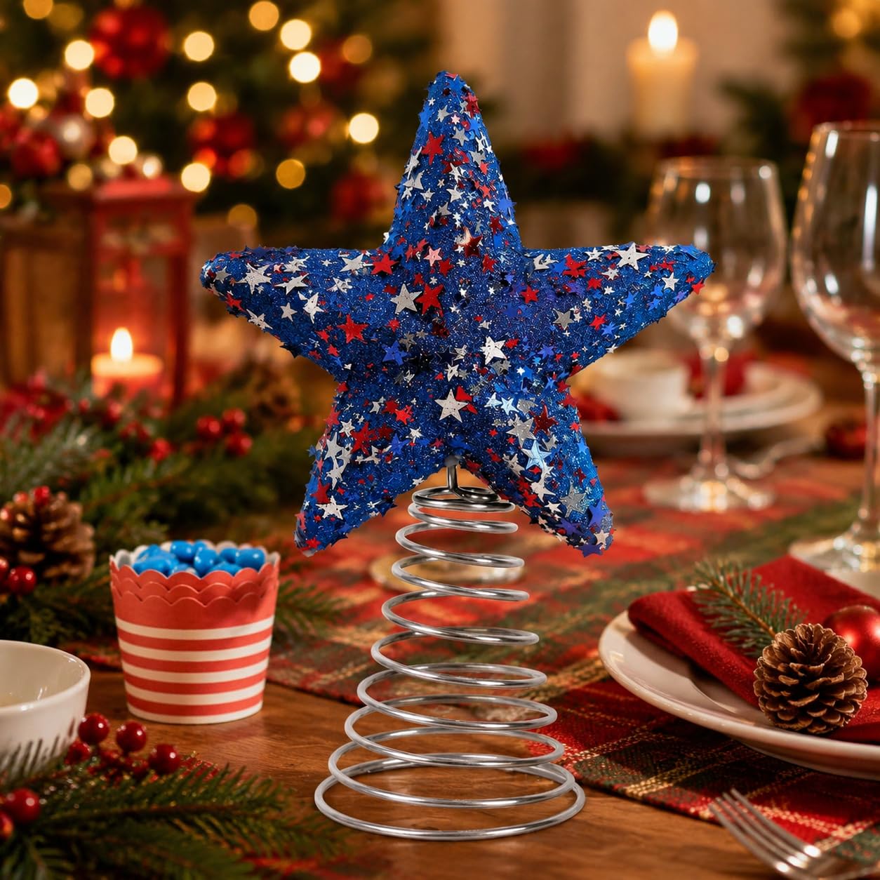 8.6" Glitter Star Christmas Tree Topper Decorative Holiday Tree Toppers Red White Blue Sequins Stars Xmas Trees Ornaments for 250th Anniversary 4th of July Table Centerpieces Home Party Supplies