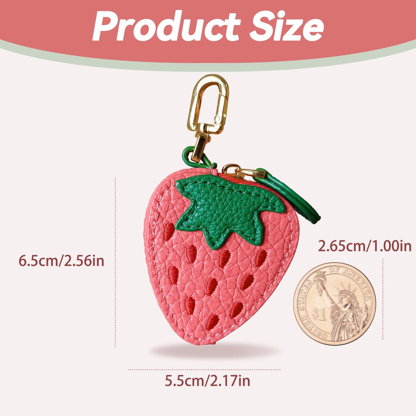 TUKYWAN Strawberry Coin Purse,Leather Bag Charm for Handbags,Fruit Purse Charm,Cute Keychain Accessories with Zipper,Mini Coin Pouch Gifts for Women