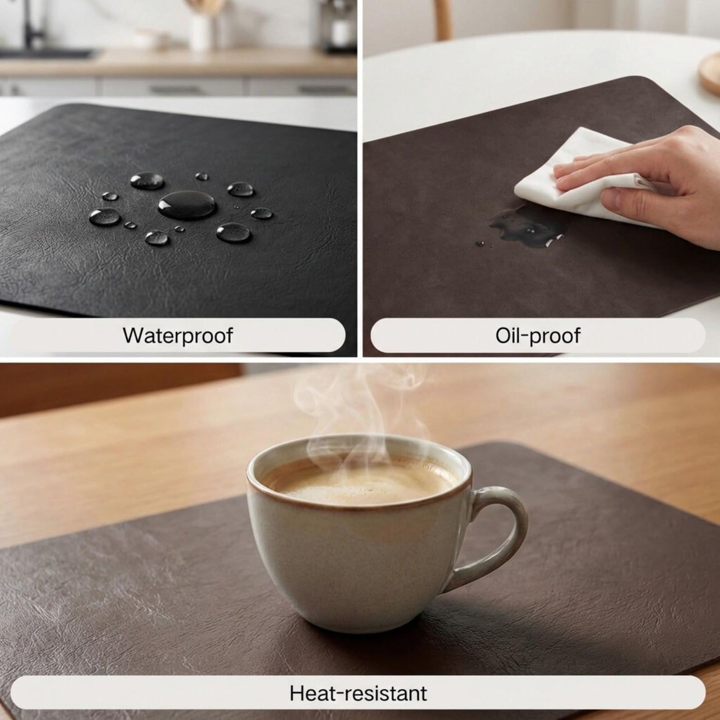 Premium Faux Leather Placemats Set of 6 – Waterproof, Heat-Resistant, Reversible & Non-Slip Table Mats for Kitchen, Dining, Indoor/Outdoor Use (Black & Dark Brown)