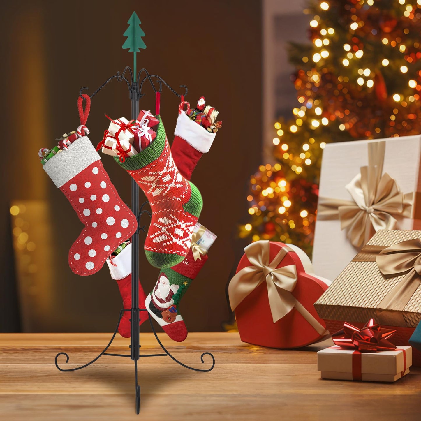 Bvomheez Christmas Stocking Holder Stand, Freestanding Max 62" Height Stand with 12 Hooks, Height Adjustable Metal Hanger with Green Iron Christmas Tree Top, for Christmas Holiday Decoration