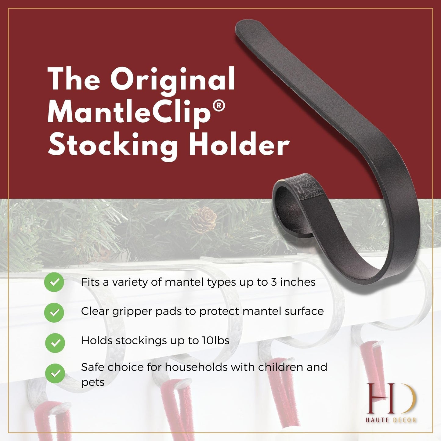Haute Decor MantleClip Stocking Holders with Removable ZINC Alloy Holiday Icons (2-Pack Snowflake, Black) - Christmas Stocking Hanger for Mantels up to 3 inches Thick