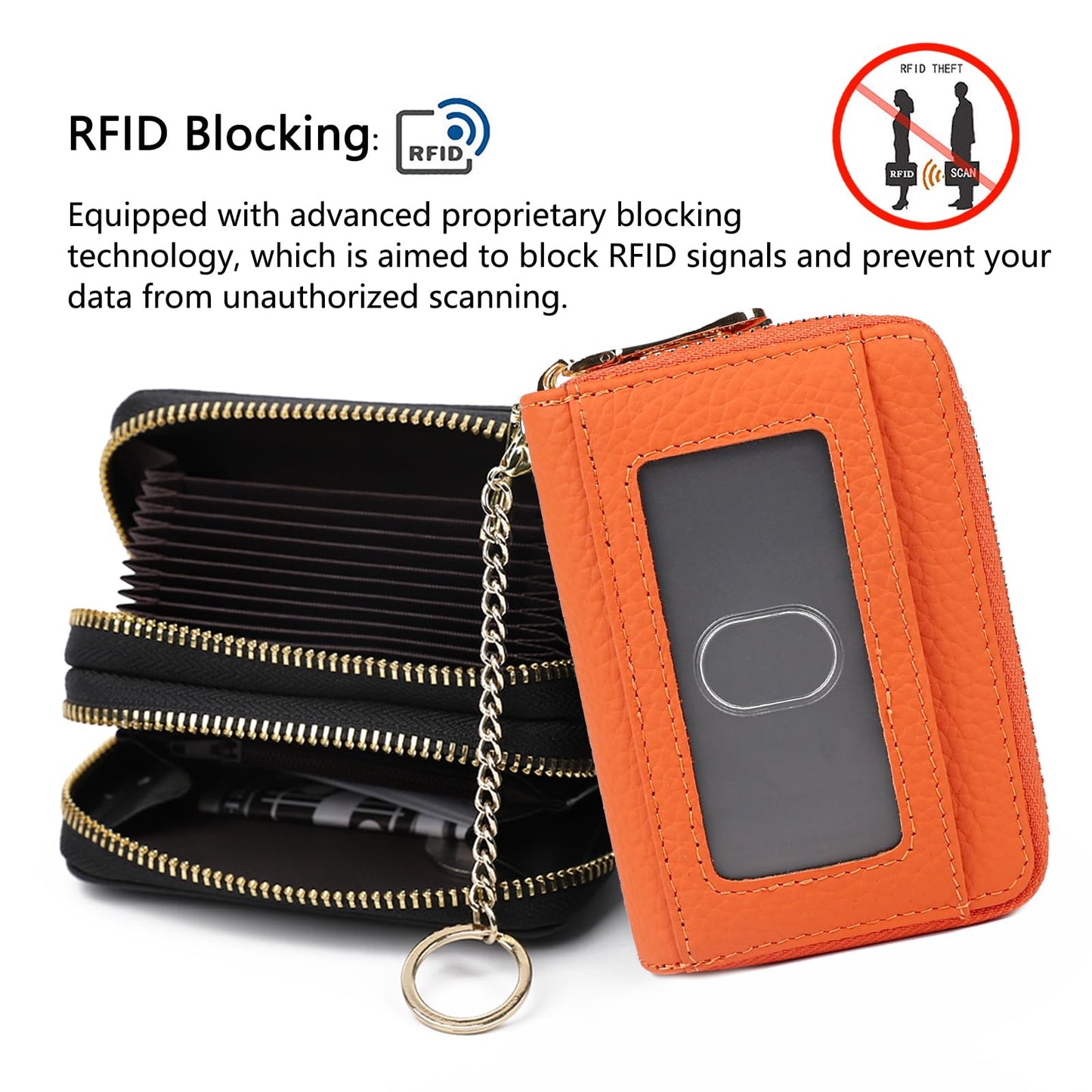 imeetu RFID Credit Card Holder, Small Leather Double Zipper Card Case Wallet for Women (Max,Orange)