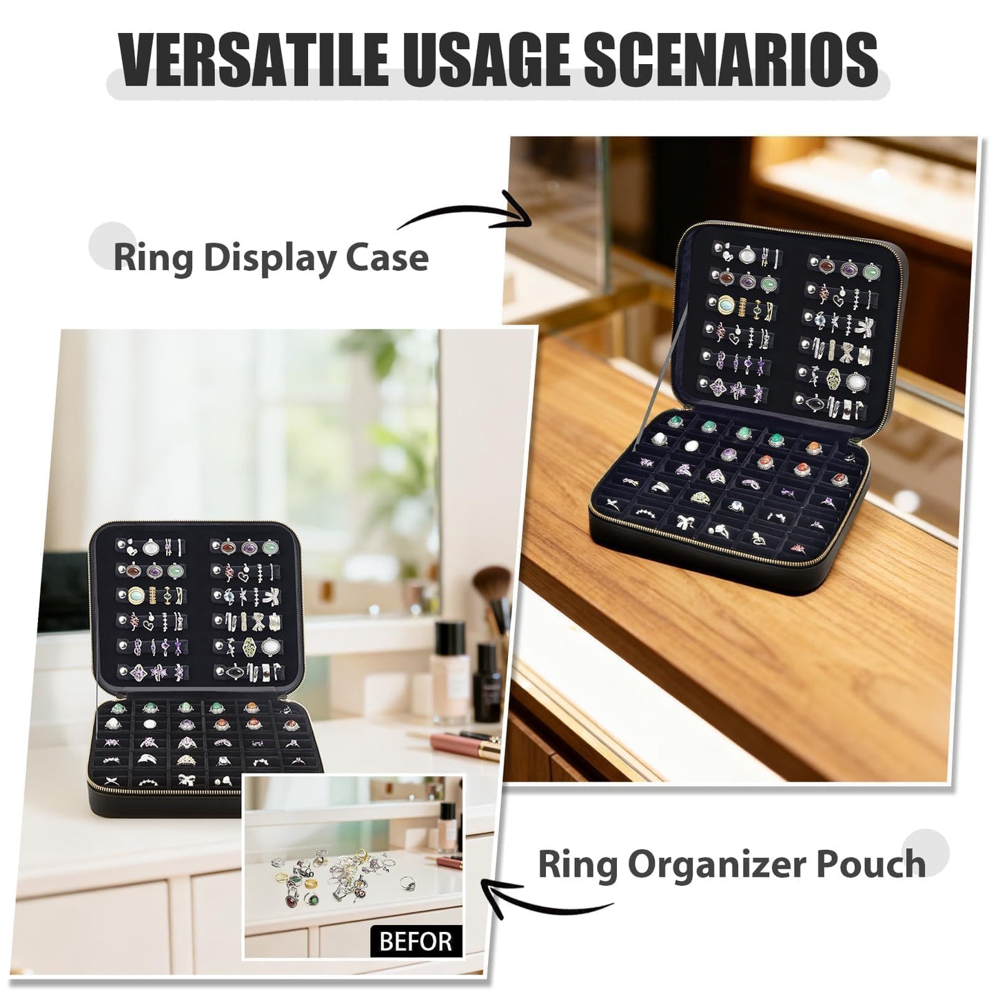 Luxury Velvet Ring Storage Organizer Case, Leather Ring Holder for Women/ Girls/ Mothers/ Wife, Portable Jewelry Display Box with Large Capacity for 90+ Rings, Earrings, Necklaces - Black(Case Only)