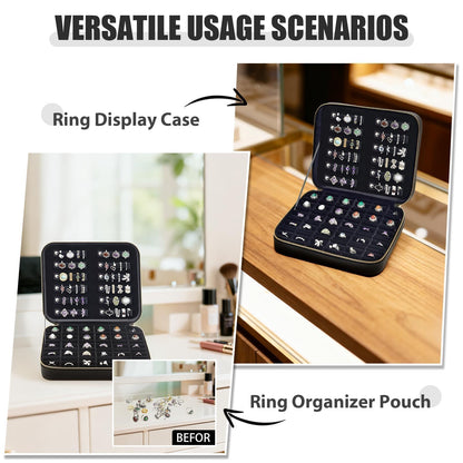 Luxury Velvet Ring Storage Organizer Case, Leather Ring Holder for Women/ Girls/ Mothers/ Wife, Portable Jewelry Display Box with Large Capacity for 90+ Rings, Earrings, Necklaces - Black(Case Only)