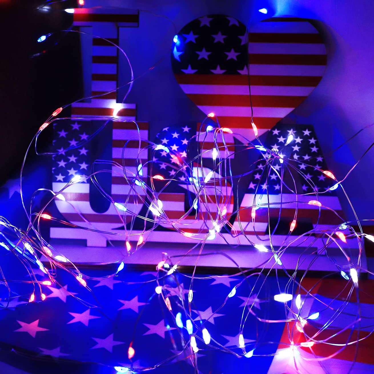 4th of July Decorations Fairy Lights Patriotic, 2 Pack 100LED Copper String Lights Outdoor Twinkle Lights for Fourth of July, Christmas, Memorial Day, Independence Day Decor- Red White Blue