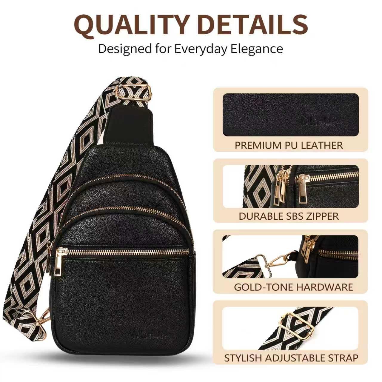MLHUA Small Crossbody Sling Bag For Women and Men Vegan Leather Chest Purses Fanny Pack Unisex (Black)
