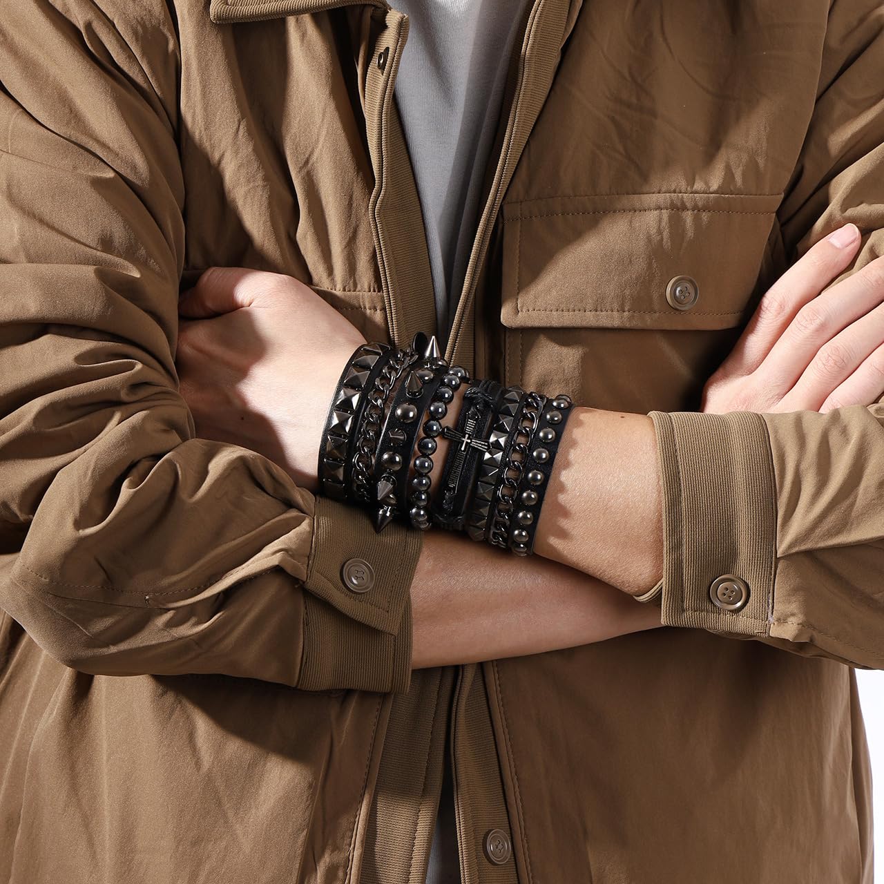 Eigso Punk Cross Leather Cuff Bracelets for Men Women Retro Vintage Chain Bracelet Set for Man Woman