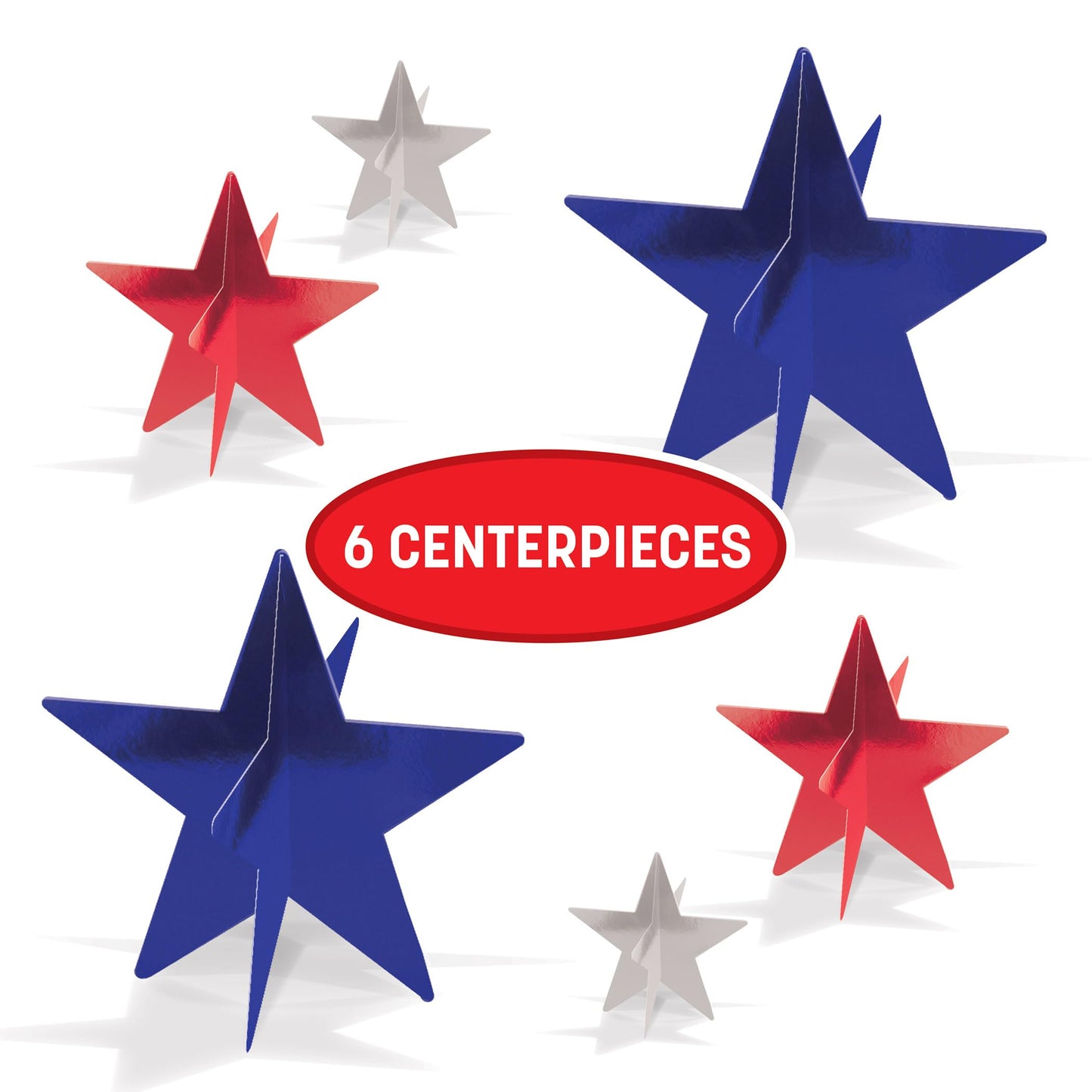 Beistle Red, Silver, and Blue 3-D Foil Star Centerpieces – 6 Pack, Dimensional Star Table Decorations, Freestanding Metallic Décor for New Year’s Eve Celebrations, July 4th Parties & Patriotic Events