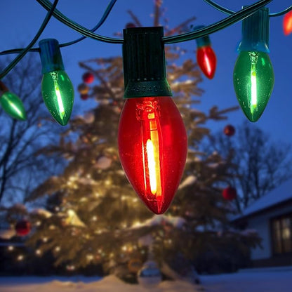 25Ft C9 LED Christmas Lights Outdoor Indoor, Clear Red Green Vintage String Lights, Connectable Dimmable Holiday Decor for Xmas Tree Roofline Patio Backyard Cafe, 25 Bulbs