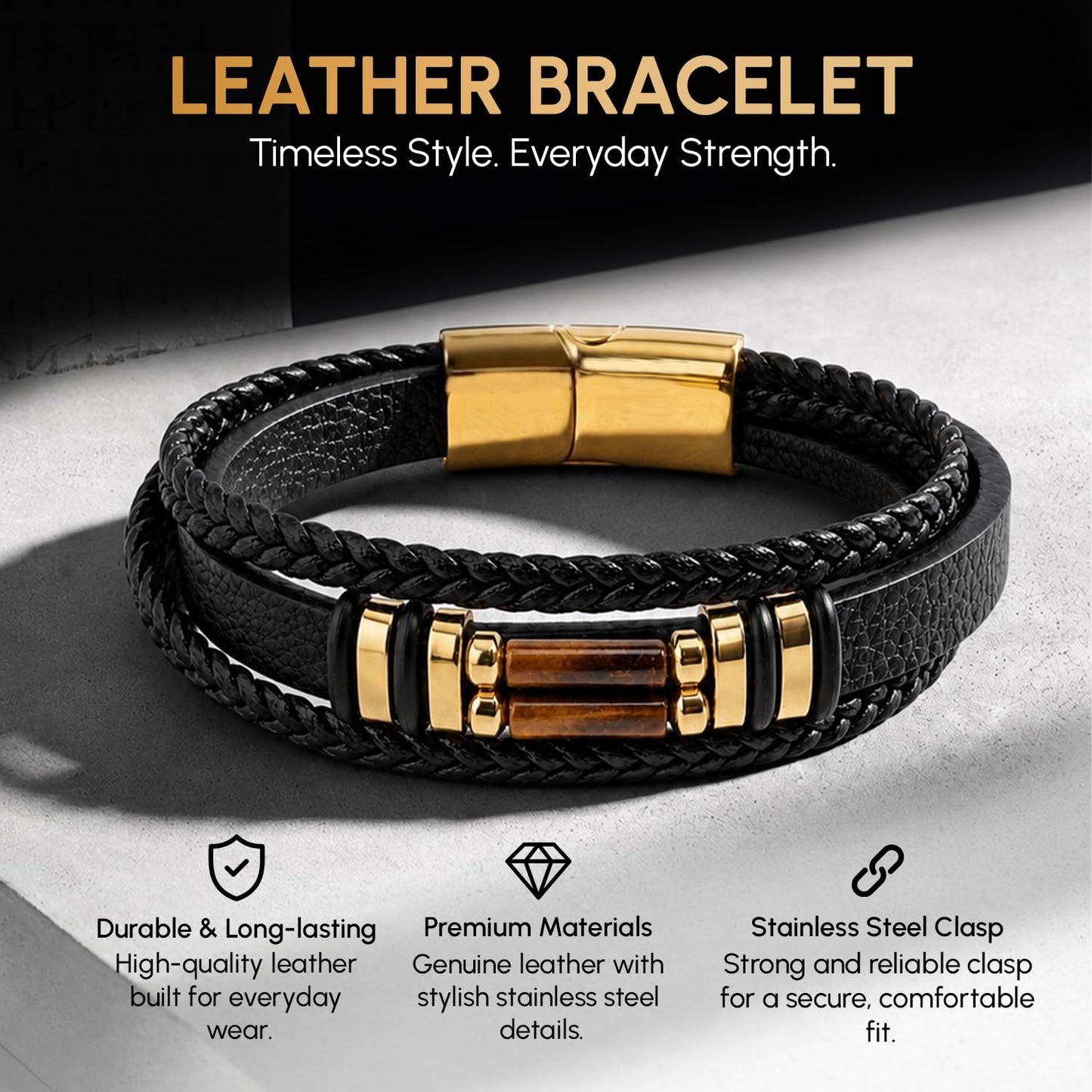 DHWANI ASTRO Leather Braided Stone Bracelet for Men Stainless Steel Buckle Multi Layer Wristband Cuff Bracelets Handmade With Metal Clasp Closure (Tiger Eye)