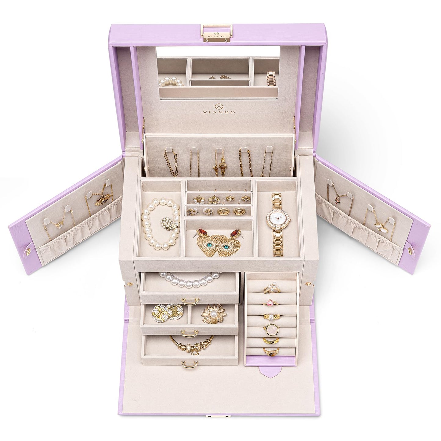 Vlando Mirrored Jewelry Box Organizer, Leather Jewelry Storage Case, Necklaces Earrings Rings Brackets Box Holder, Purple