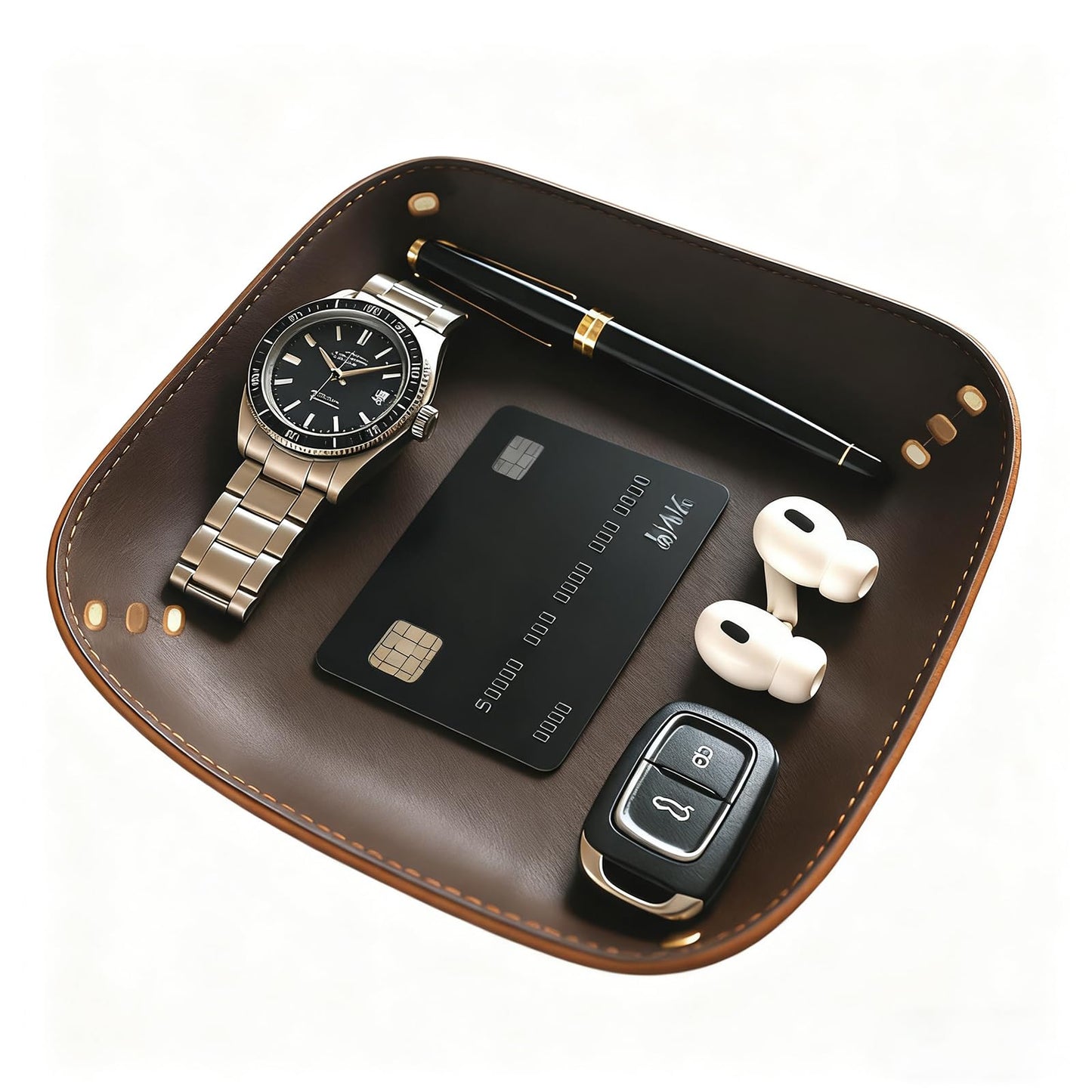 Genuine Leather Valet Tray-Handmade Brown Leather Catchall Organizer for Desk, Nightstand Bedside Desk & Entryway Table Storage Tray for Keys, Phone, Wallet, Coins, Jewelry for Women & Men