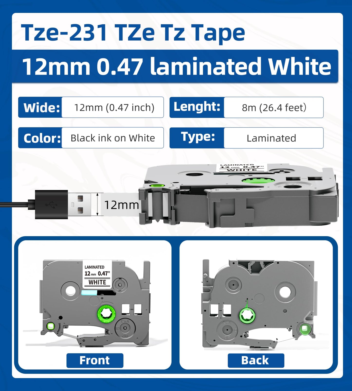 Replace for Brother P-Touch Label Tape 12mm 0.47" Laminated White TZ Tape TZe-231 TZe231 Compatible with Brother Ptouch Label Maker PT-D210 PTH110 PTD220 PTD410, 6-Pack