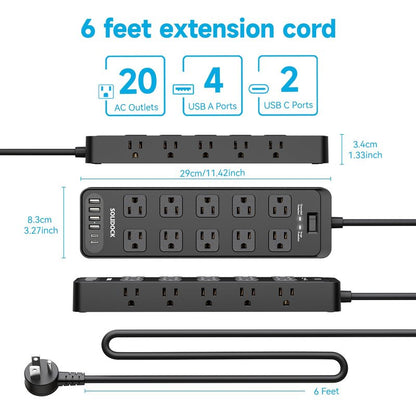 Solidock 20AC Power Strip with USB Ports, Heavy Duty Surge Protector Power Strip 15 Amp, 6Ft Extension Cord with Multiple Outlets
