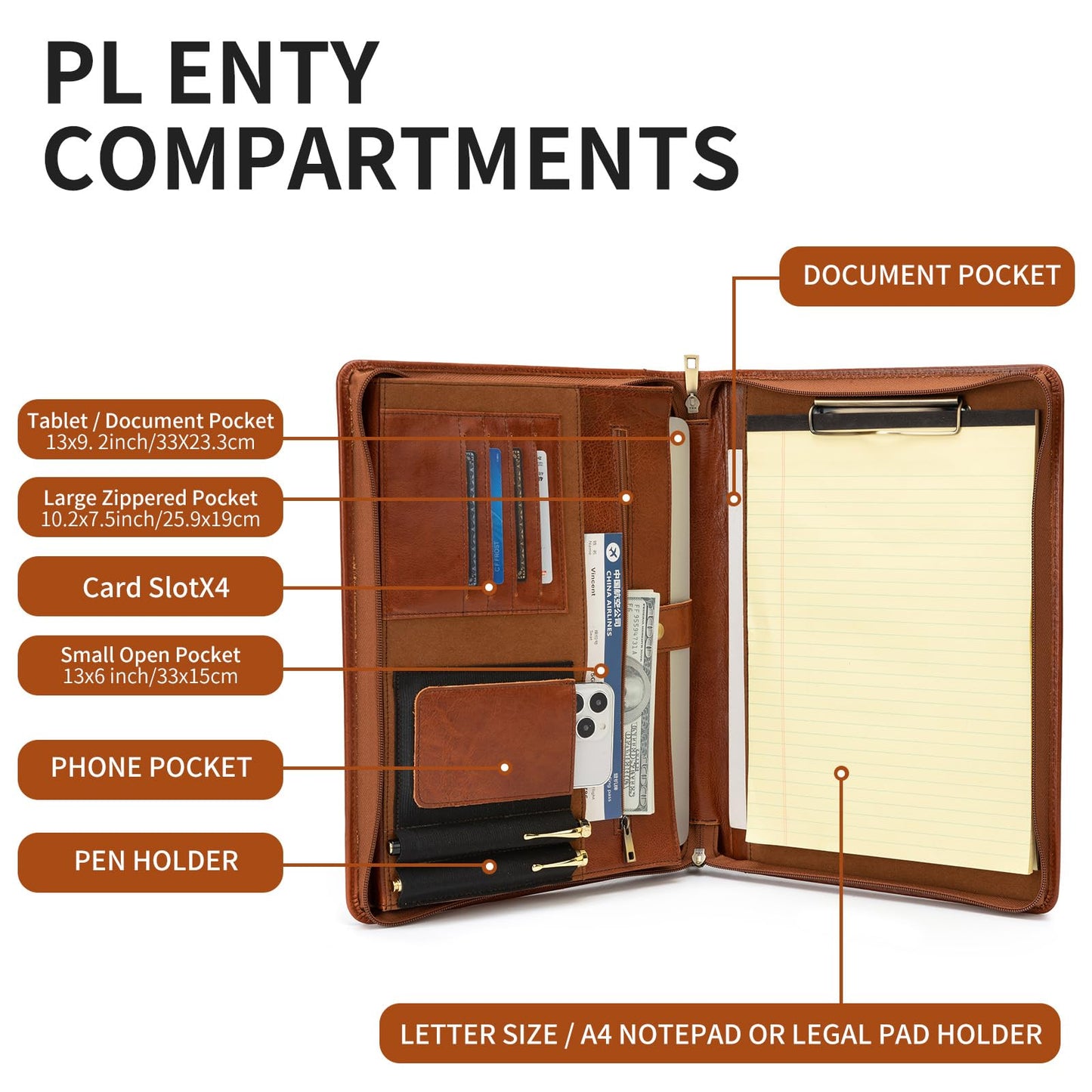 YIWEN Handmade Leather Portfolio with Handle – Zippered Front Pocket, Writing Pad Clip, Letter Size Notepad Holder, Professional Business Padfolio for Men Women (Brown, Pull-up Leather)