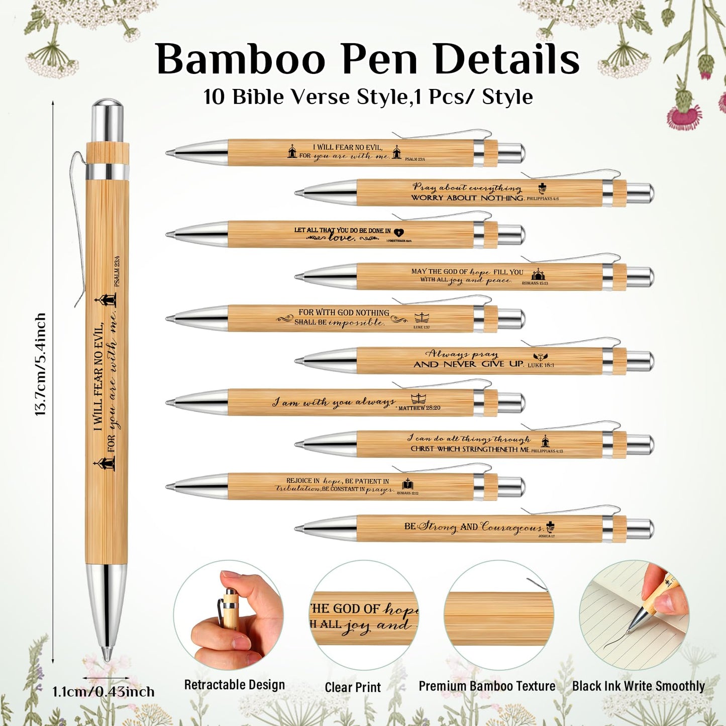 Spakon 10 Sets Fathers Day Christian Gifts Bulk Bible Verse Bamboo Pen Christian Floral Keychain Inspirational Bookmark Religious Church Gift for Church Members Women Sunday School Teacher (Bible)