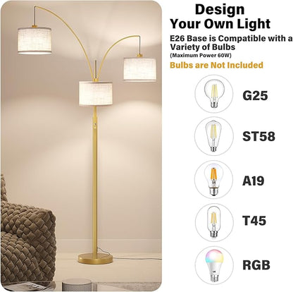 SUNMORY 3 Lights Floor Lamp for Living Room, 78" Tall Standing Lamp with Hanging Drum Shade, Modern Arc Floor Lamps with Heavy Base, Mid Century Arched Tree Floor Lamp for Bedroom, Office, Corner