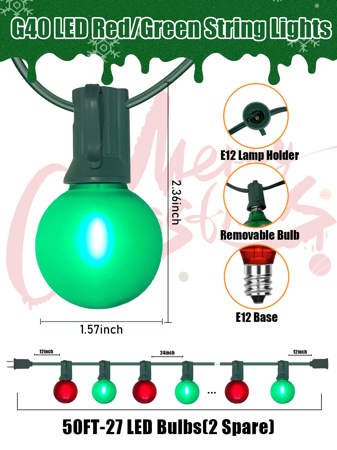 SUNSGNE 50FT G40 Round Christmas Lights Outdoor, Globe Christmas String Lights with 27 LED Frosted Red Green Lights(2 Spare) for Patio Balcony Roofline House Tree Decor, Green Wire