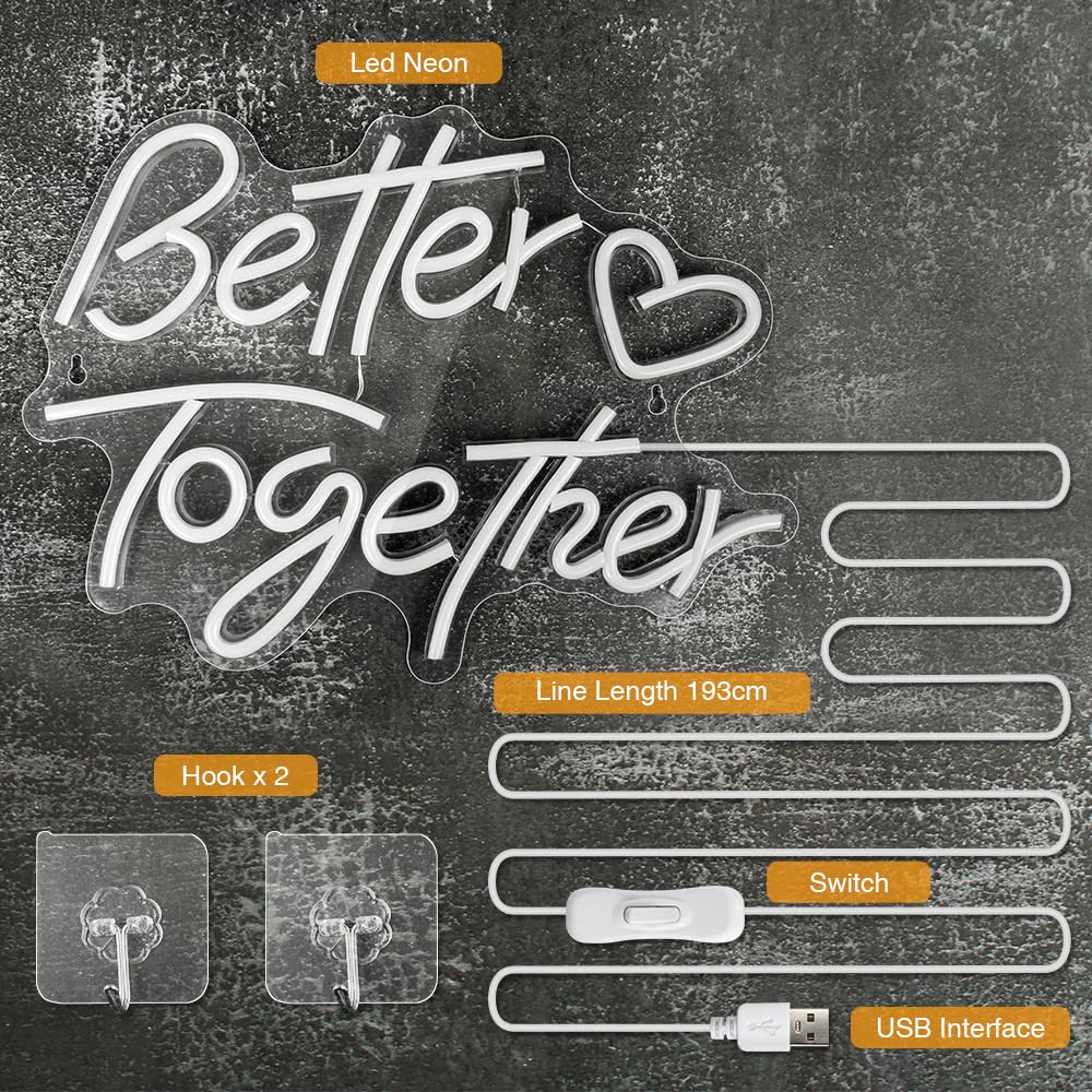 Better Together Neon Signs, Arrinew LED Neon Light Sign USB Powered for Home Wall Decor, Warm White Art Decorative Neon Lights for Holiday Party,Birthday Party,Wedding,Christmas