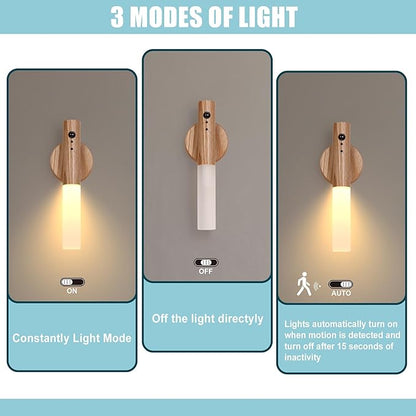 LANDGOO Wireless Wall Sconces Set of 2, RGB Motion Sensor Lights Indoor, Rechargeable LED Night Lights with Wood Design for Bedroom/Closet/Stairs