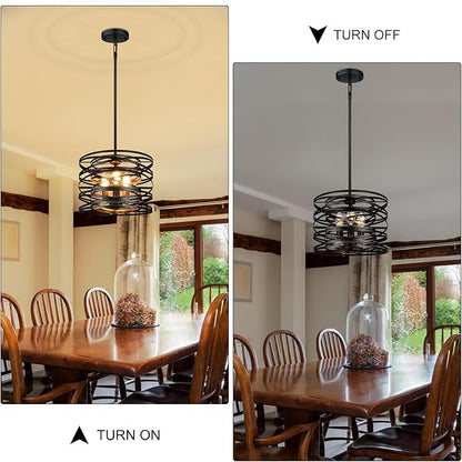 3-Light Farmhouse Black Chandelier for Dining Room Lighting Fixtures, 12.6'' Rustic Drum Ceiling Hanging Pendant Light for Foyer Entryway Kitchen Bedroom, Black with Wood-Grain Metal Interior