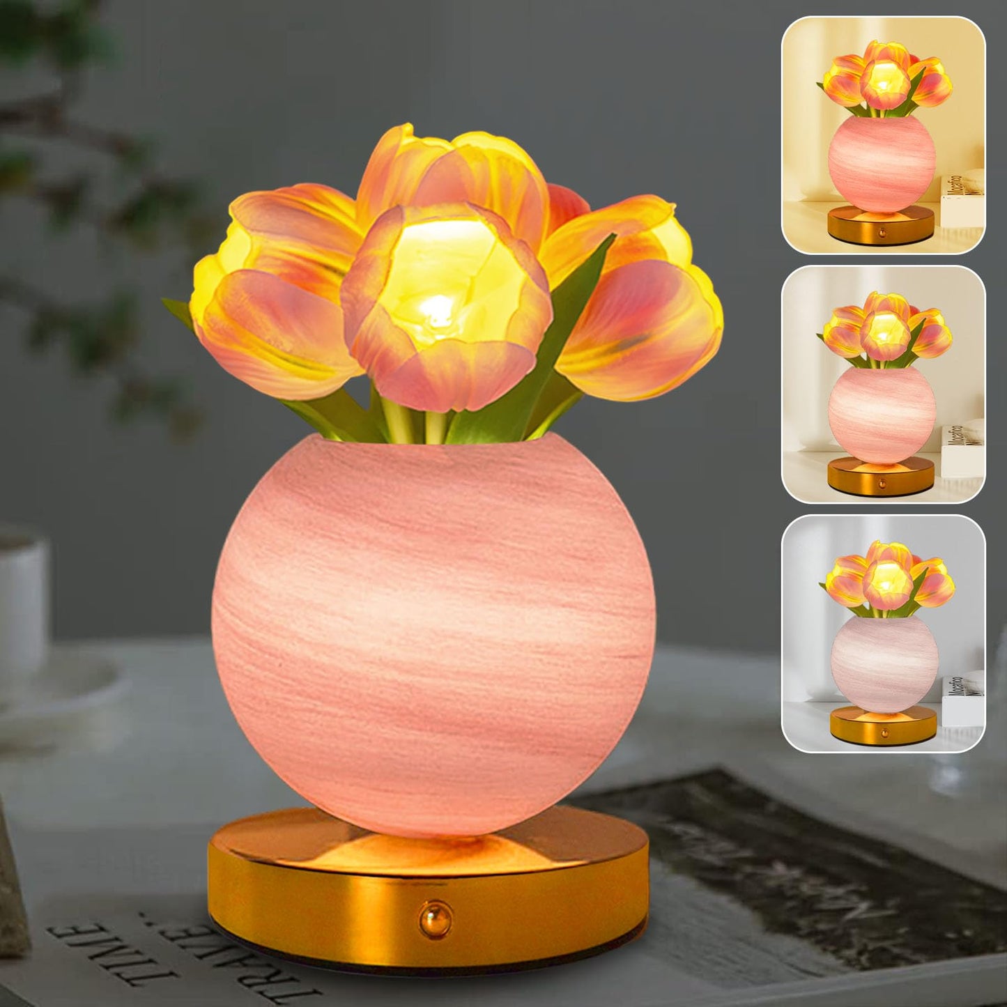 Strackvial Tulip Table Lamp, Rechargeable Cordless Touch Dimming Artificial Tulip Flower Desk Lamp, LED Flower Bedside Night Light Romantic Gifts for Girl Women Mom (Pink Tulip)