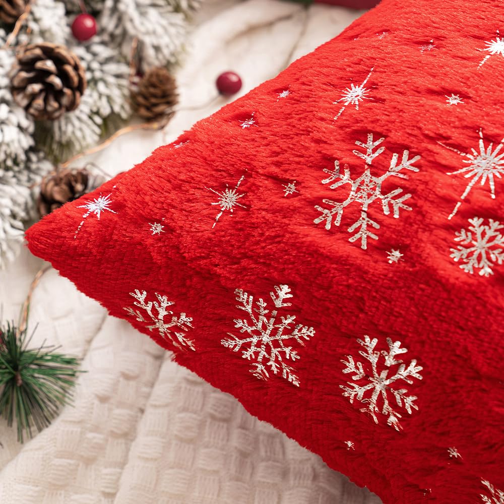 MIULEE Set of 2 Christmas Decorative Throw Pillow Covers Soft Faux Fur Winter Pillow Covers with Silver Snowflake Glitter Holiday Festival Pillowcases for Couch Sofa Bed, 18×18inch, Red