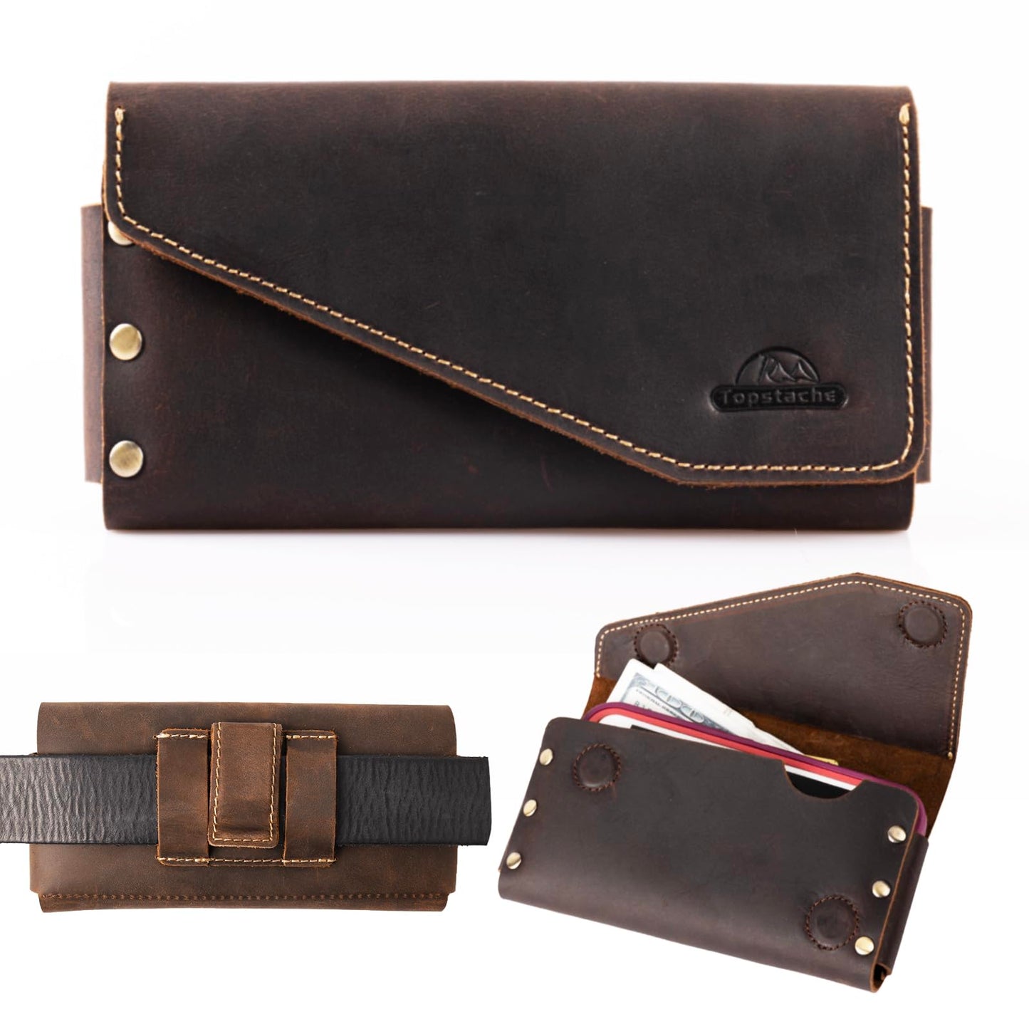 Topstache Leather Phone Holster for iPhone 17 Pro Max/17 Air- Magnetic Closure Belt Clip Cell Phone Case for Galaxy S25 Ultra- Card Holder Belt Pouch for Galaxy Z Fold 7/6/5/4/3, Darkbrown