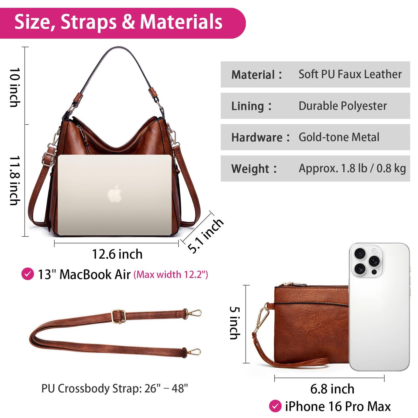 Large Capacity Hobo Tote Bag for Women, Soft Vegan Leather Crossbody Shoulder Handbag, Purse and Wallet Set - Brown