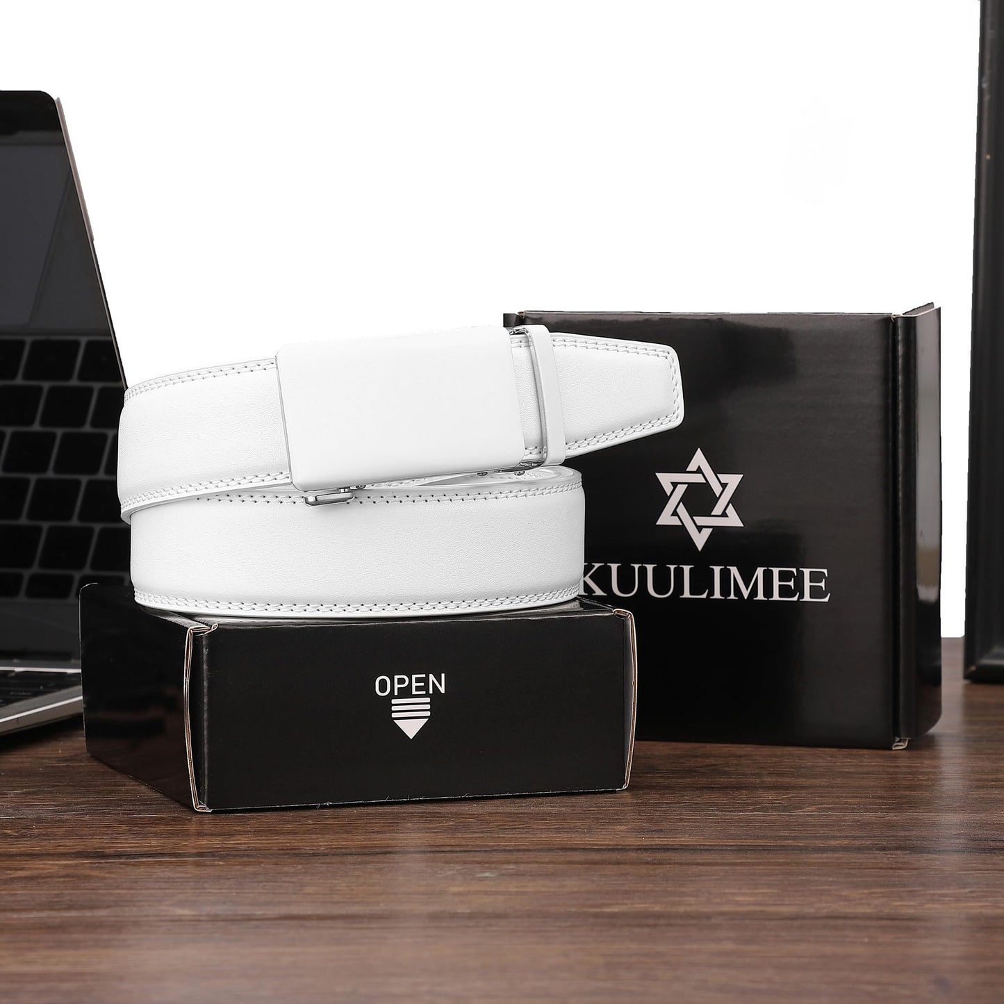 KUULIMEE White Belt Men, Ratchet Dress Casual Belt with Adjustable Automatic Buckle Trim to Fit-WHITE-51-110