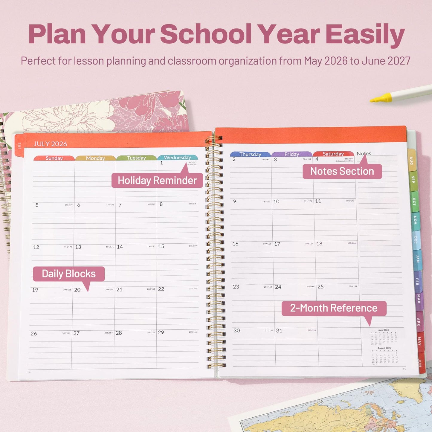 SUNEE Teacher Planner 2026-2027 Academic Year, 7 Periods Lesson Plan Book Jul 2026 - Jun 2027, 8.5"x11"Daily Weekly Monthly Organizers Horizontal Layout with Calendars, Bookmark, Tabs, Pocket, Peony