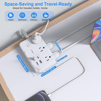 Flat Plug Power Strip Surge Protector, 5ft Ultra Thin Extension Cord with 4 USB Wall Charger(2 USB C Port), 6 Widely-Spaced Outlets Power Strip Compact for Travel, Office, Dorm Room Essentials (White)