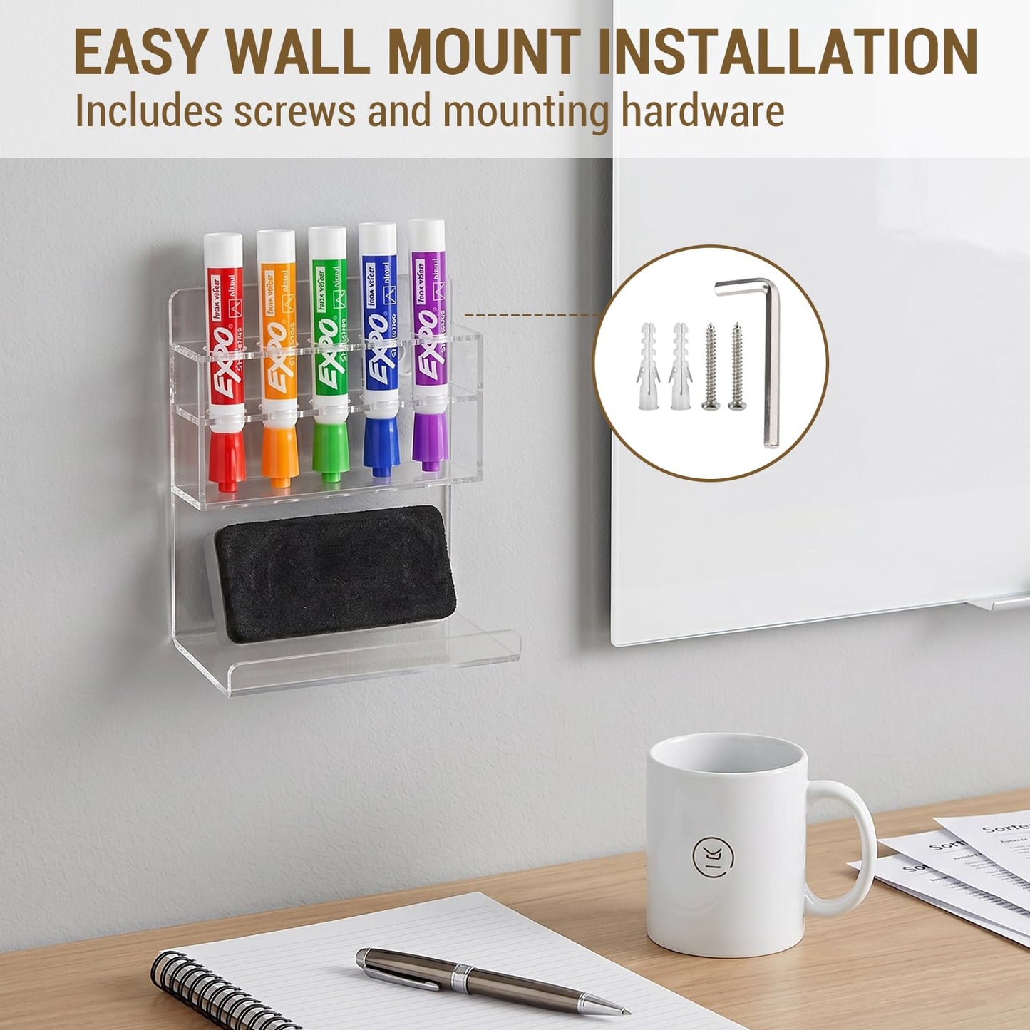 MyGift Wall Mounted Clear Acrylic Dry Erase Marker Holder Organizer for 5 Markers and Eraser, Hanging Whiteboard Accessories Rack for Office Home Dorm Classroom Meeting Room