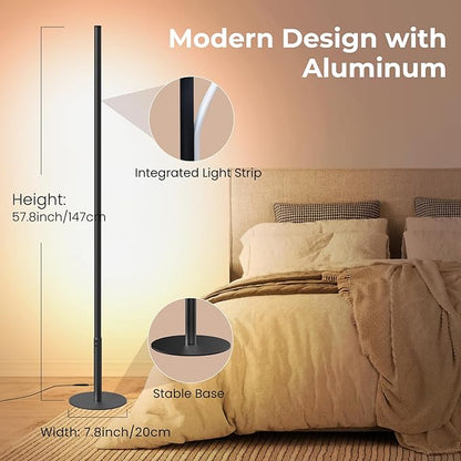 LED Corner Floor Lamp, Minimalist Dimmable Light with Remote, 2700-6500k Color Temperature Stepless Adjustable, 58 Inches Tall Standing Lamp for Living Room, Bedroom, Home Office, Black