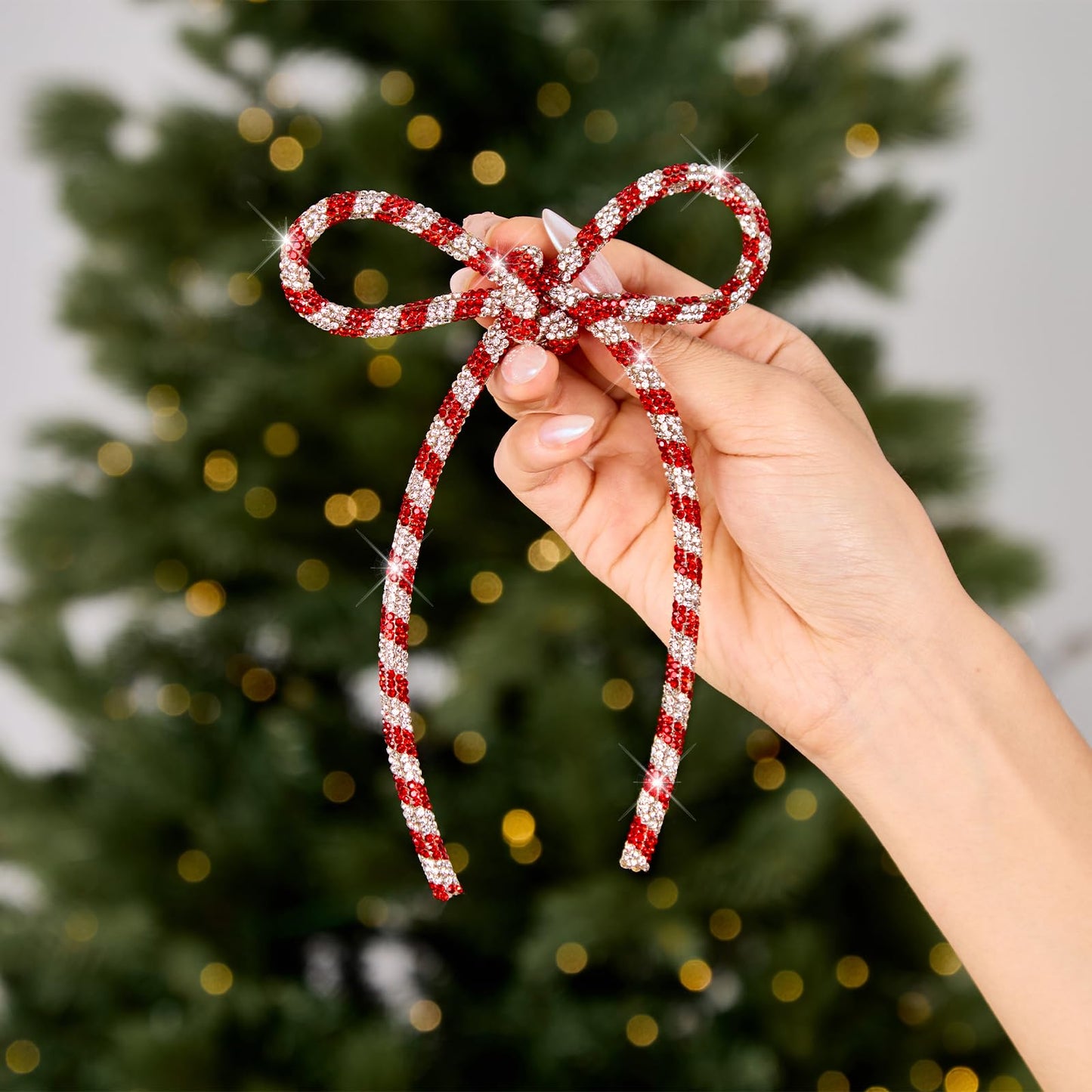 FLAIR GIFTS 6 Pcs 4.3" x 6" 2026 Christmas Bows for Tree Decor, Candy Cane Sparkly Glitter Rhinestone Bow Ornaments with Twist Tie for Xmas Decoration, Wreath, Garland, Gift Wrapping