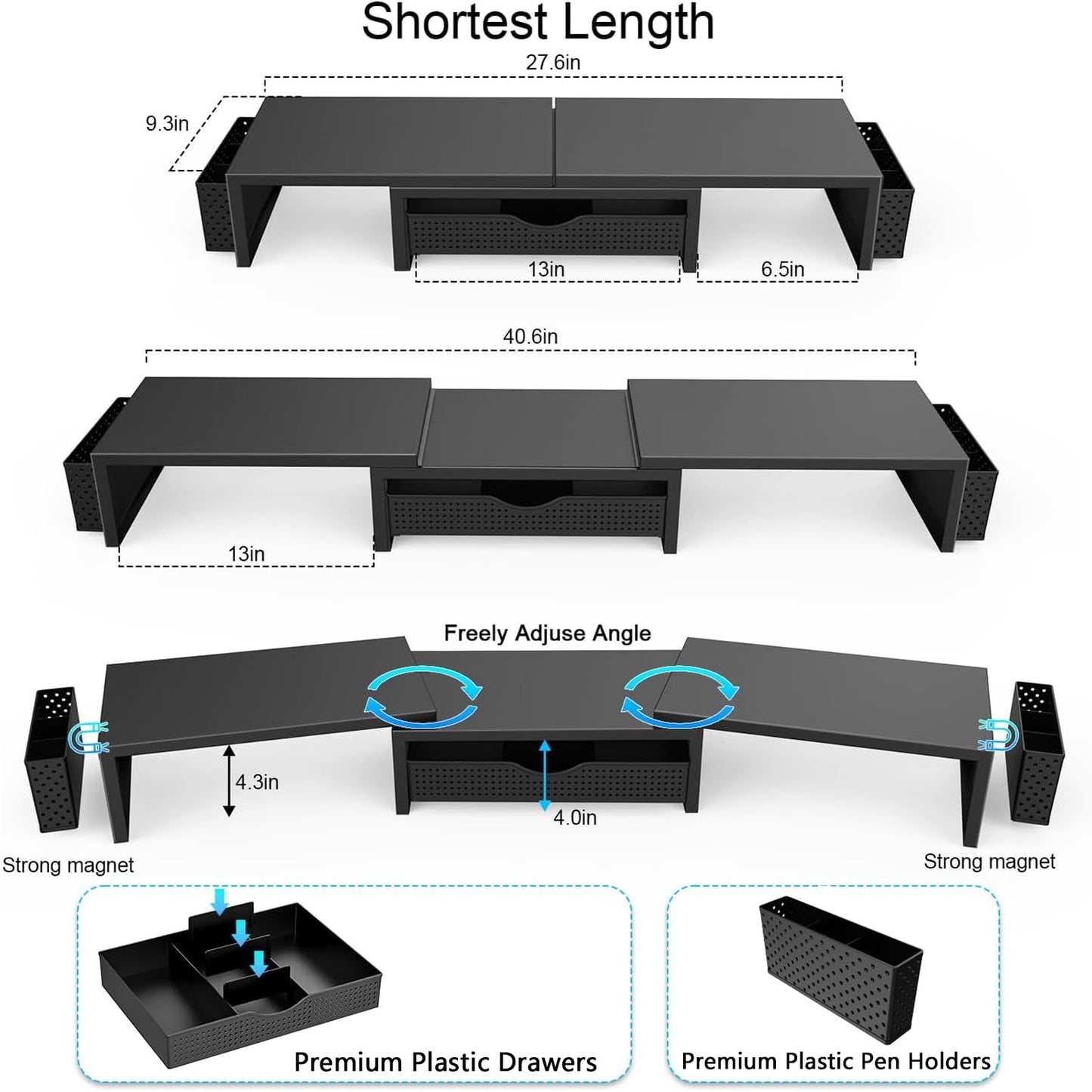 gianotter Dual Monitor Stand Riser, Desk Organizer With Drawer and 2 Pen Holders, Computer Monitor Stand, Shelf for Top of Desk, Black