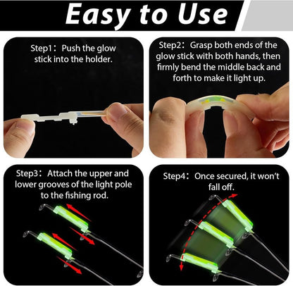 Fishing Glow Sticks - 200PCS Mini Green Rod Tip Lights for Night Fishing | Includes 40 Attachments Clips