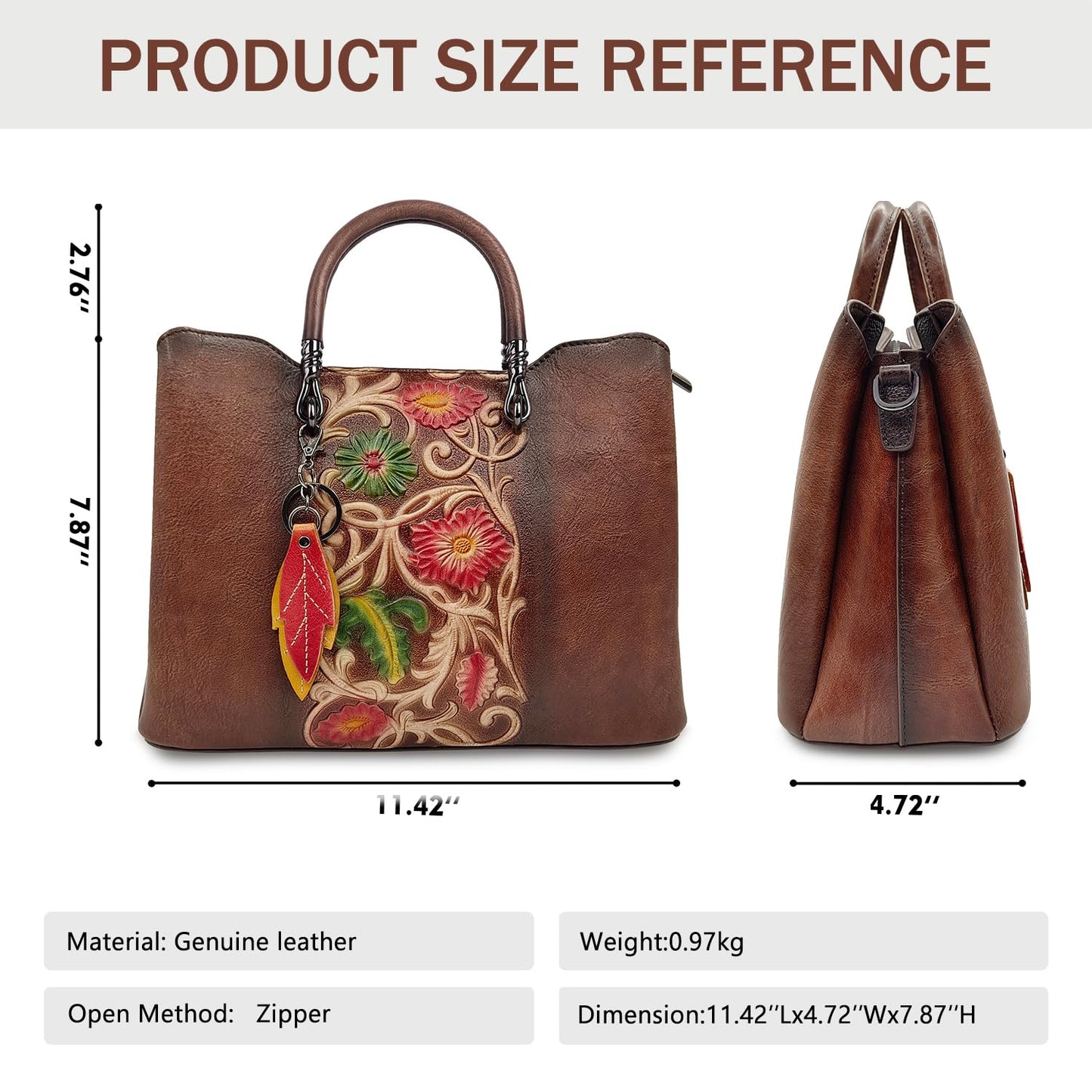 Genuine Leather Vintage Embossed Handbag for Women - Artisanal Cowhide Floral Crossbody Purse with Unique Craftsmanship (coffee)