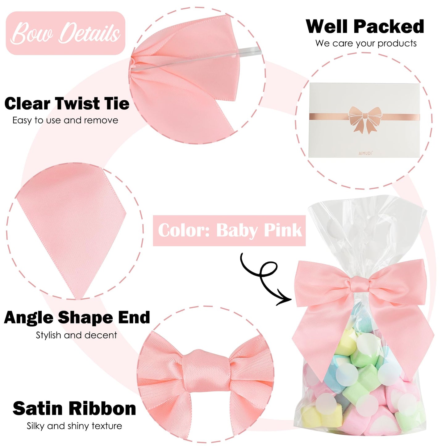 AIMUDI Baby Pink Satin Ribbon Bows 4.5" Pre-Tied Bows with Twist Ties for Gift Wrapping Treat Bags Boxes Baby Shower Wedding Party Favors Valentine's Day Decorations, 36 PCs