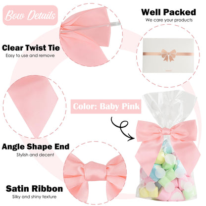 AIMUDI Baby Pink Satin Ribbon Bows 4.5" Pre-Tied Bows with Twist Ties for Gift Wrapping Treat Bags Boxes Baby Shower Wedding Party Favors Valentine's Day Decorations, 36 PCs