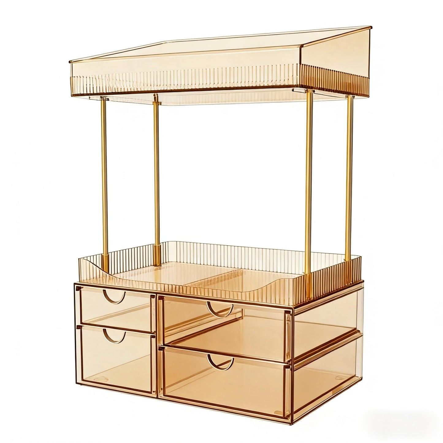 SNSLXH 4 Drawers Makeup Organizer - 4 Tier Makeup Storage, Cosmetics Organiser, Ideal for Cosmetic, 4 Dividers with Drawers for Countertop, Bathroom, Office Supplies, Dresser Transparent Tawny